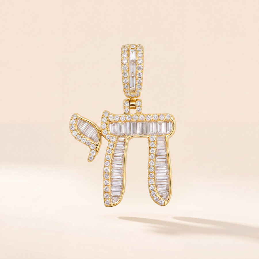 Baguette & Round Diamond Chai Pendant — view 1