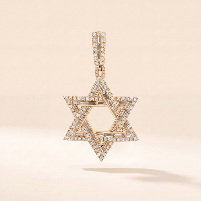 Baguette & Round Diamond Magen David Pendant