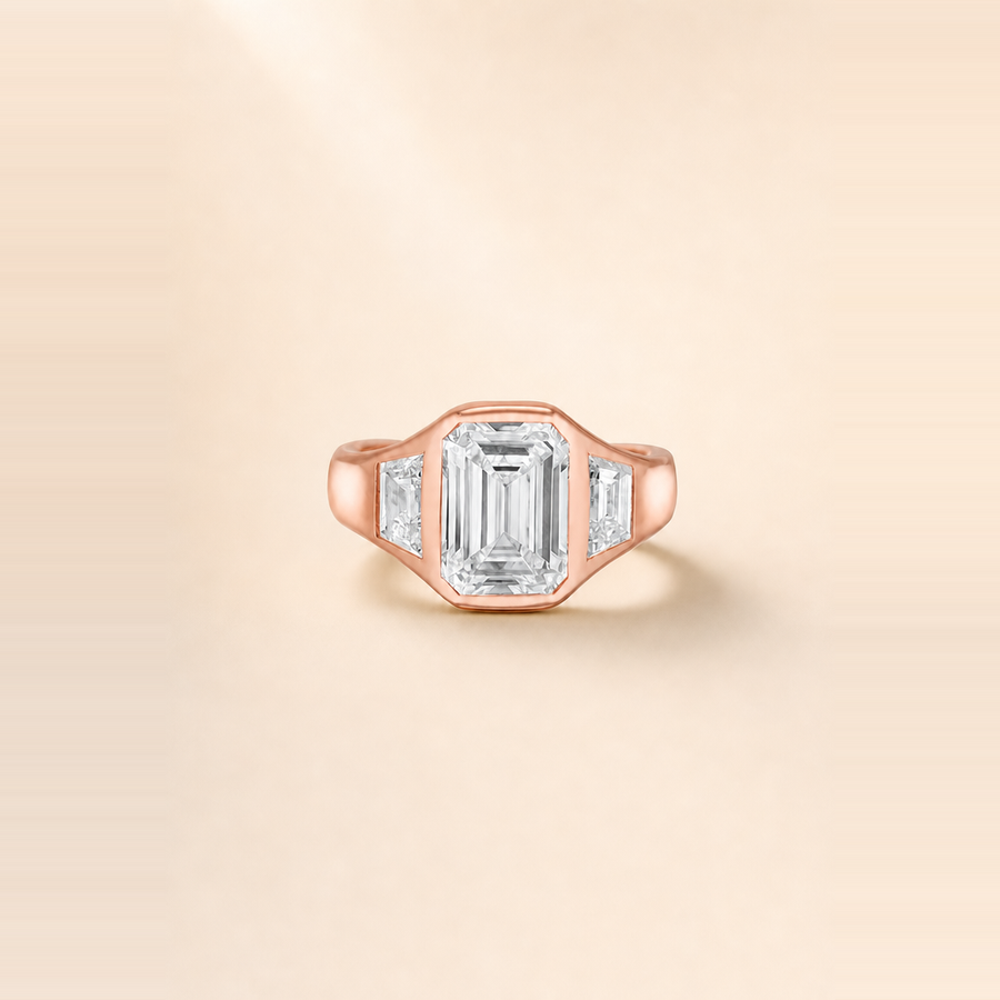 Emerald Bezel-Set Diamond Three Stone Trinity Ring with Tapered Baguette Side Stones — view 4