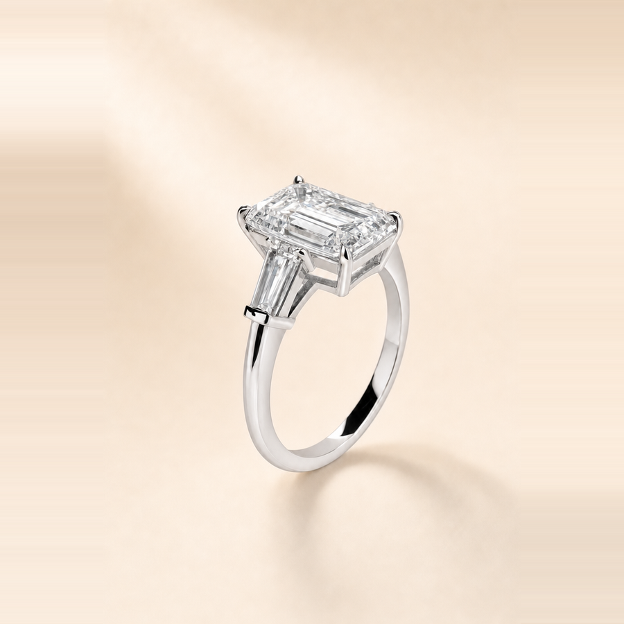 Emerald Three Stone Diamond with Tapered Baguette Side Stones — view 5
