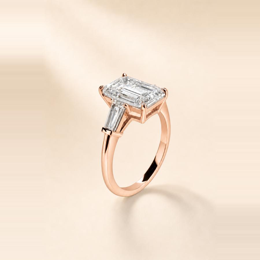 Emerald Three Stone Diamond with Tapered Baguette Side Stones — view 4