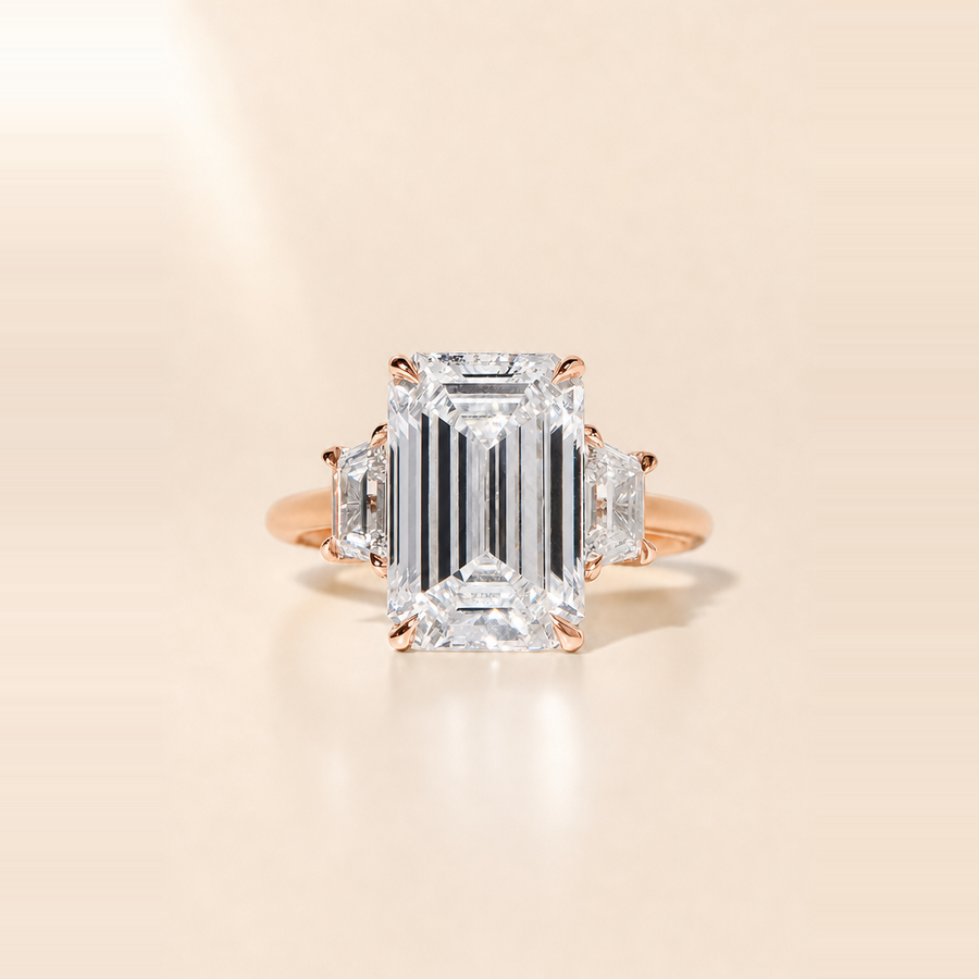 Emerald Three Stone Diamond with Tapered Trapezoid Side Stones &mdash; view 6