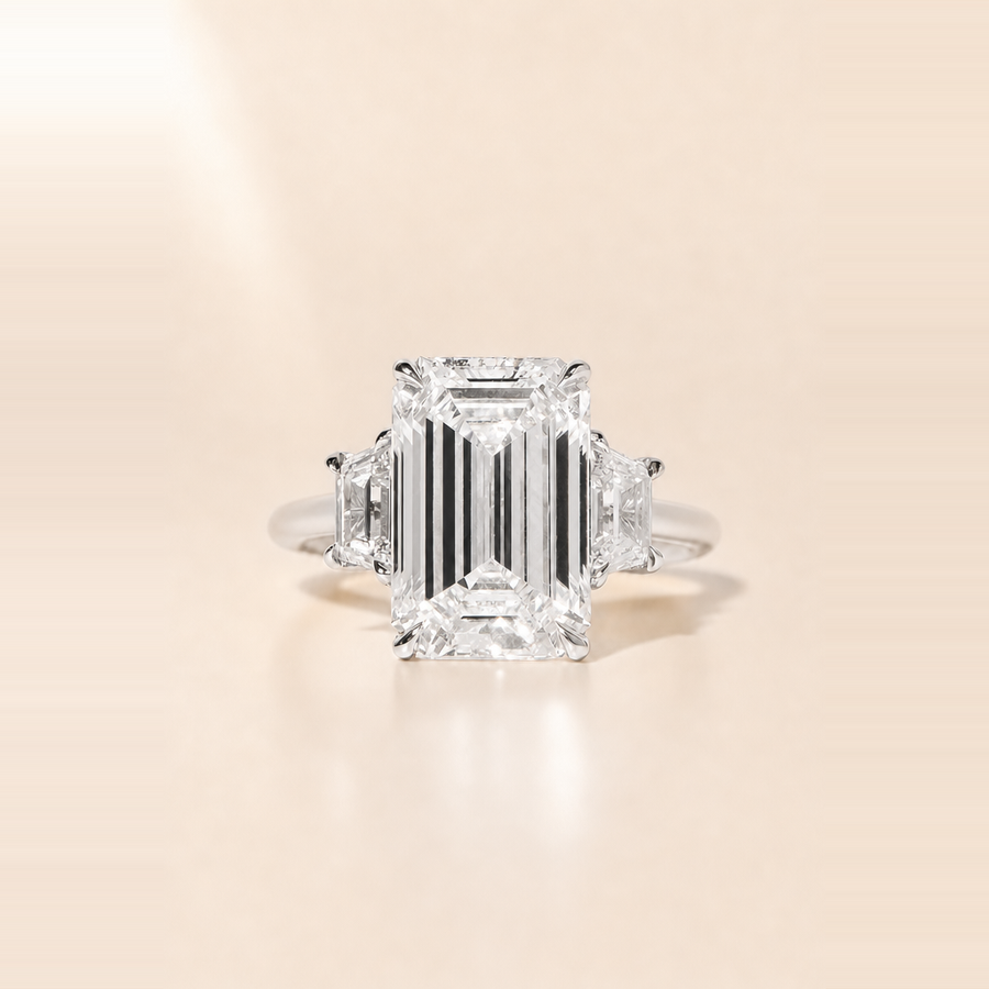 Emerald Three Stone Diamond with Tapered Trapezoid Side Stones &mdash; view 2