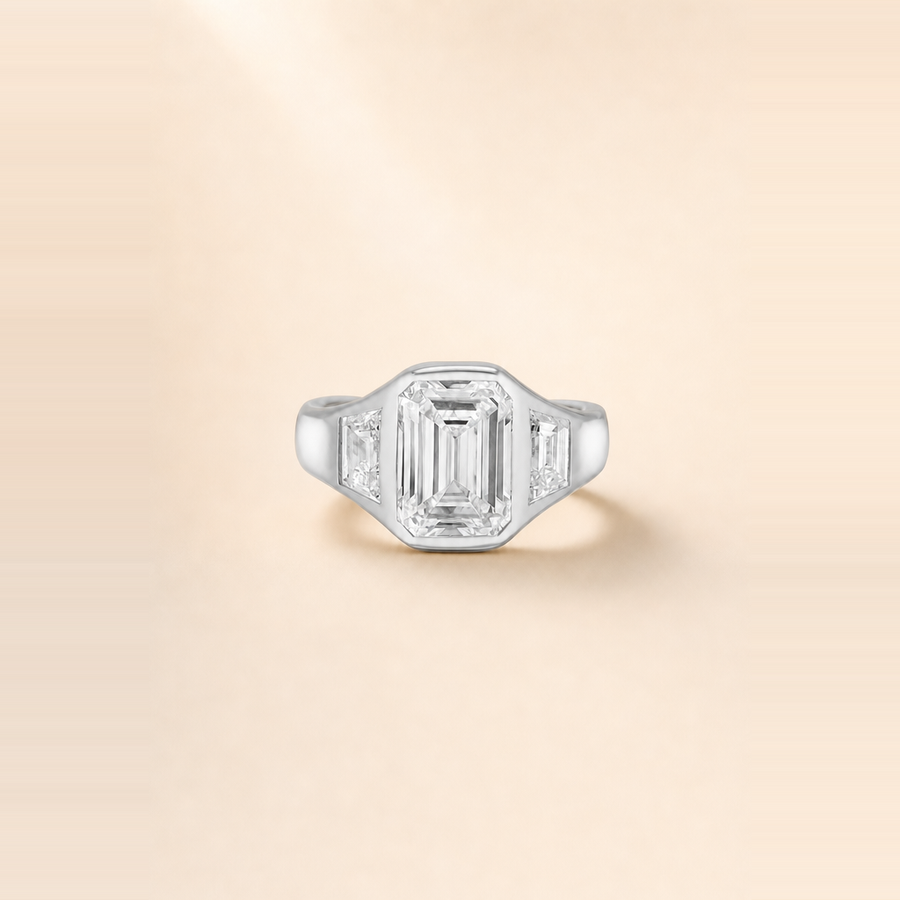 Emerald Bezel-Set Diamond Three Stone Trinity Ring with Tapered Baguette Side Stones &mdash; view 5