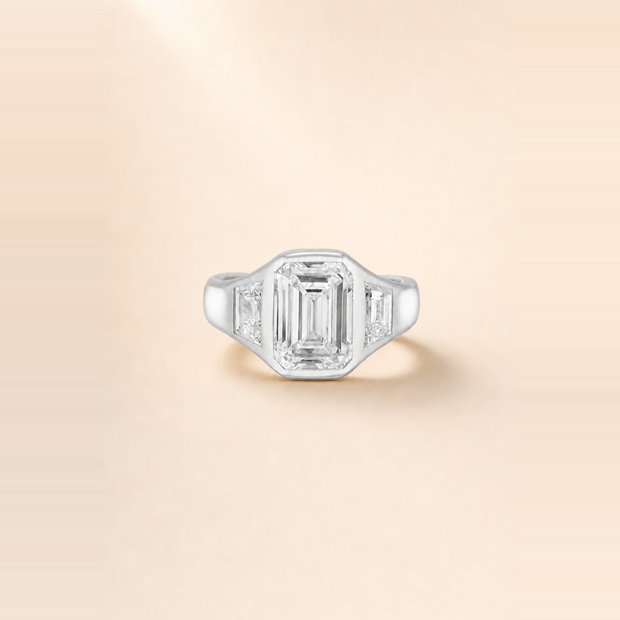 Emerald Bezel-Set Diamond Three Stone Trinity Ring with Tapered Baguette Side Stones &mdash; view 2