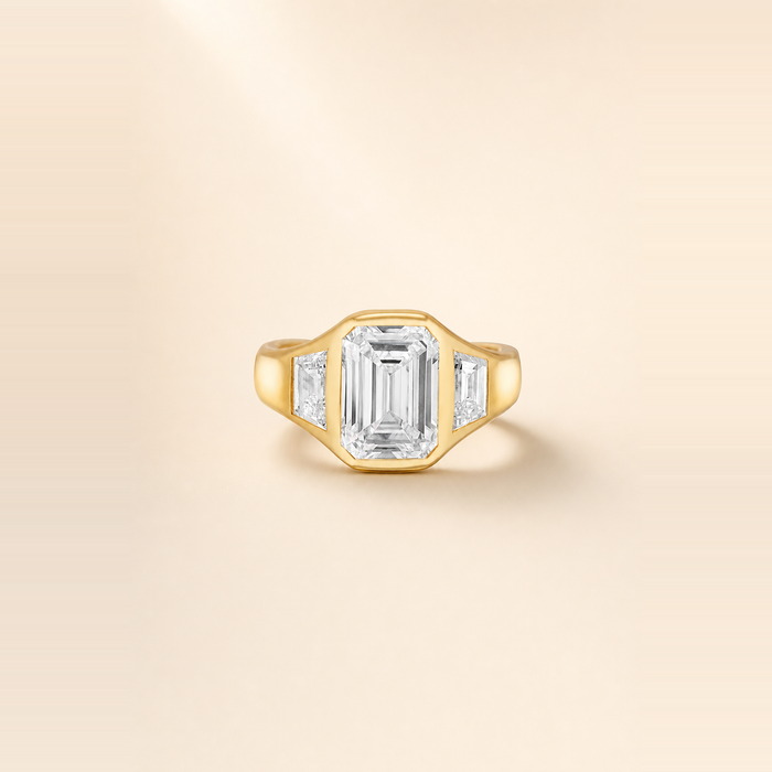 Emerald Bezel-Set Diamond Three Stone Trinity Ring with Tapered Baguette Side Stones