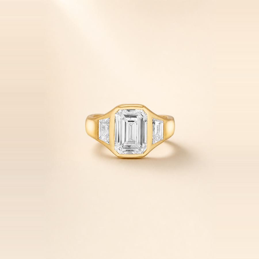 Emerald Bezel-Set Diamond Three Stone Trinity Ring with Tapered Baguette Side Stones &mdash; view 1