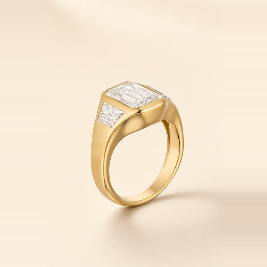 Emerald Bezel-Set Diamond Three Stone Trinity Ring with Tapered Baguette Side Stones &mdash; view 3