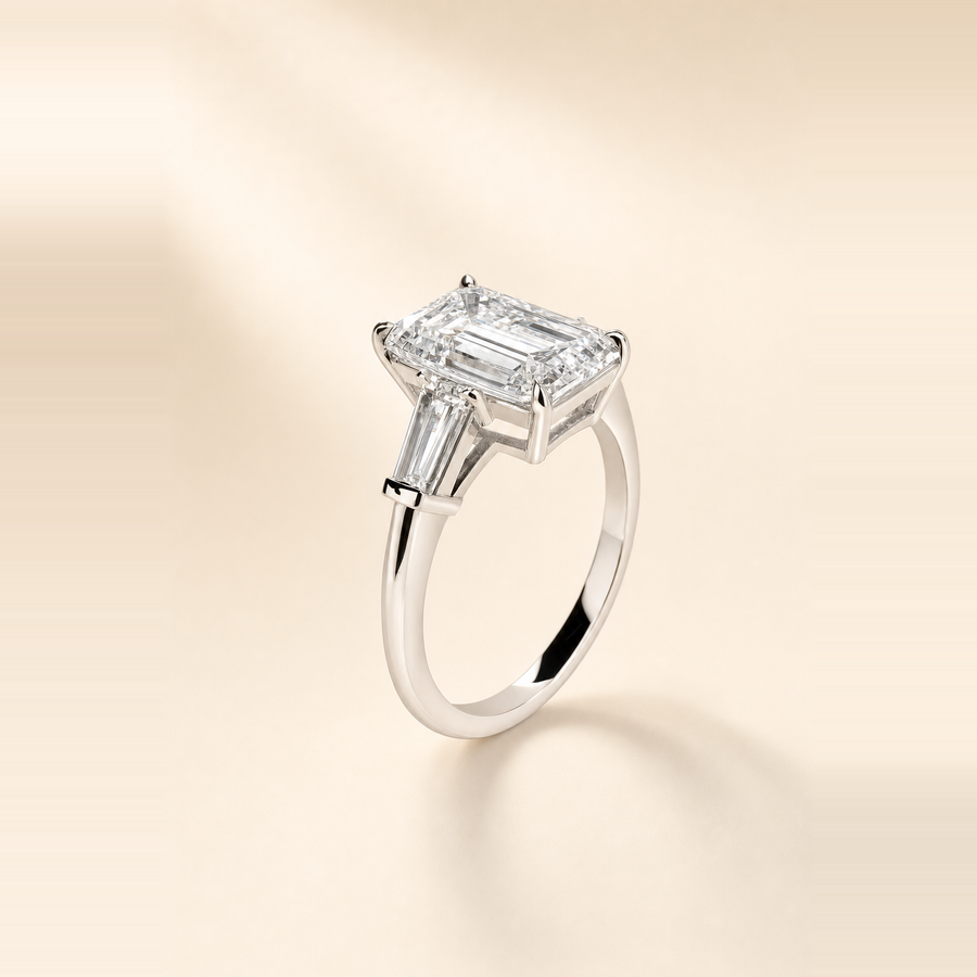 Emerald Three Stone Diamond with Tapered Baguette Side Stones &mdash; view 3