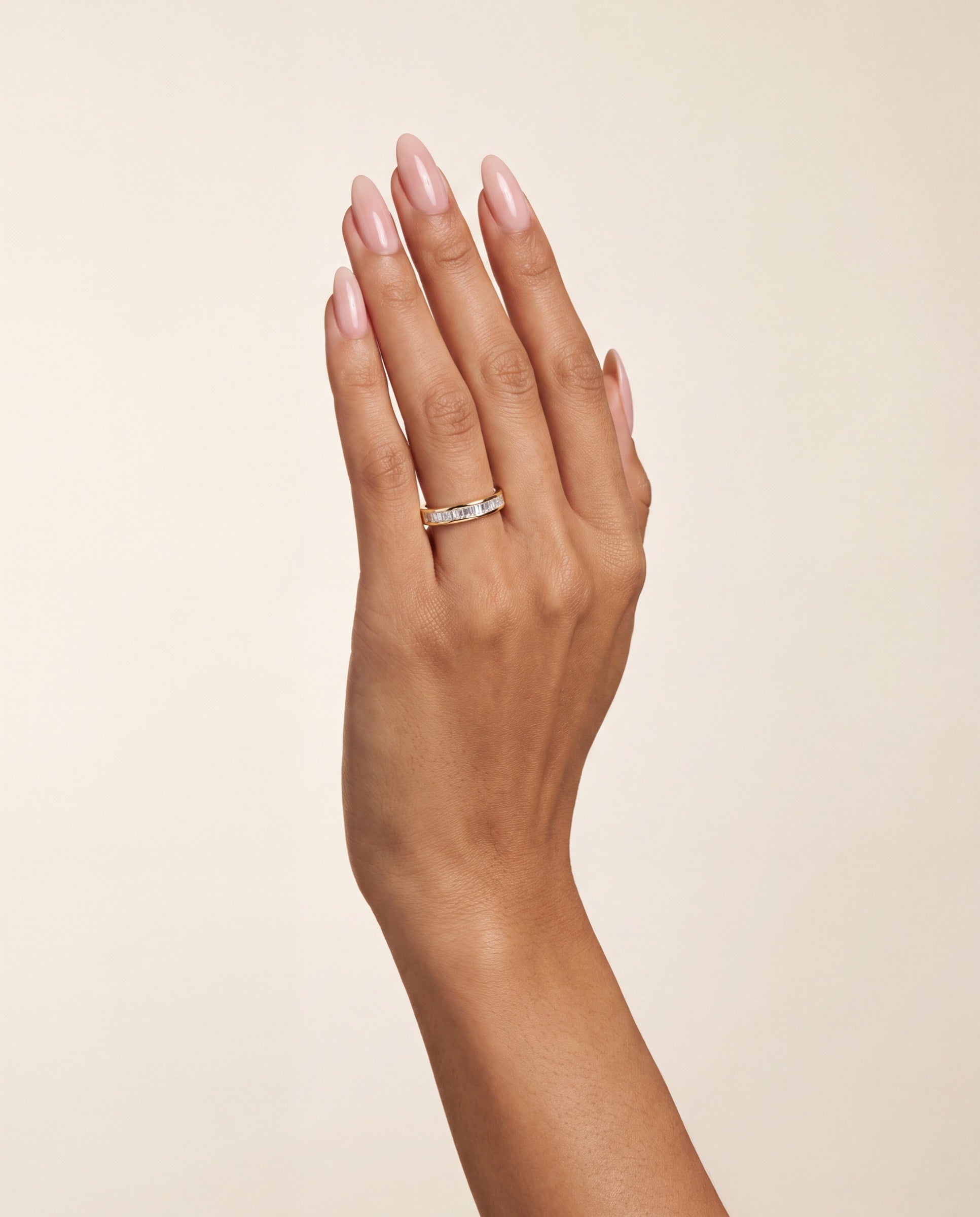 Baguette Channel Set Diamond Half Eternity Band &mdash; Worn