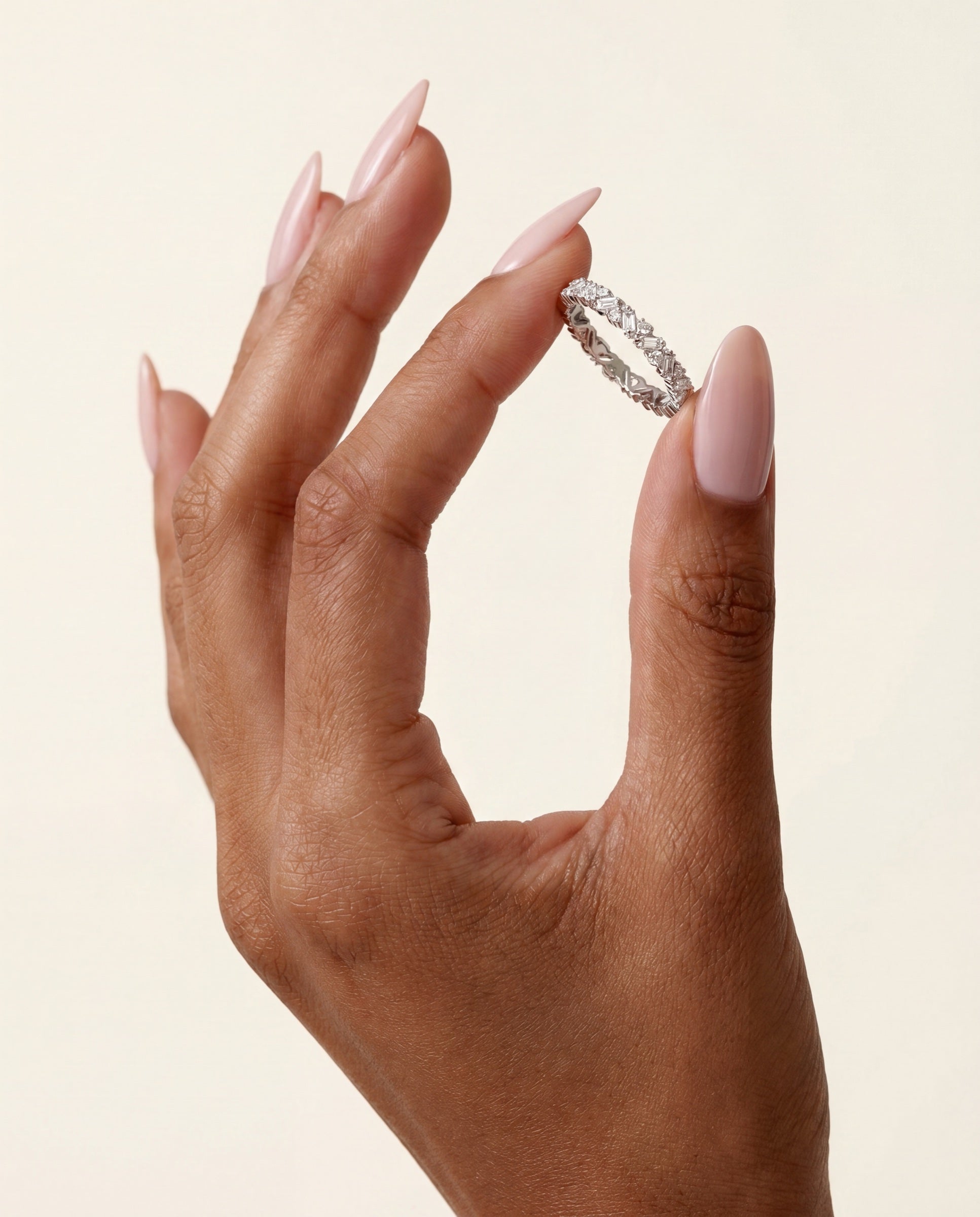 Baguette Cluster Set Diamond Eternity Band &mdash; Worn