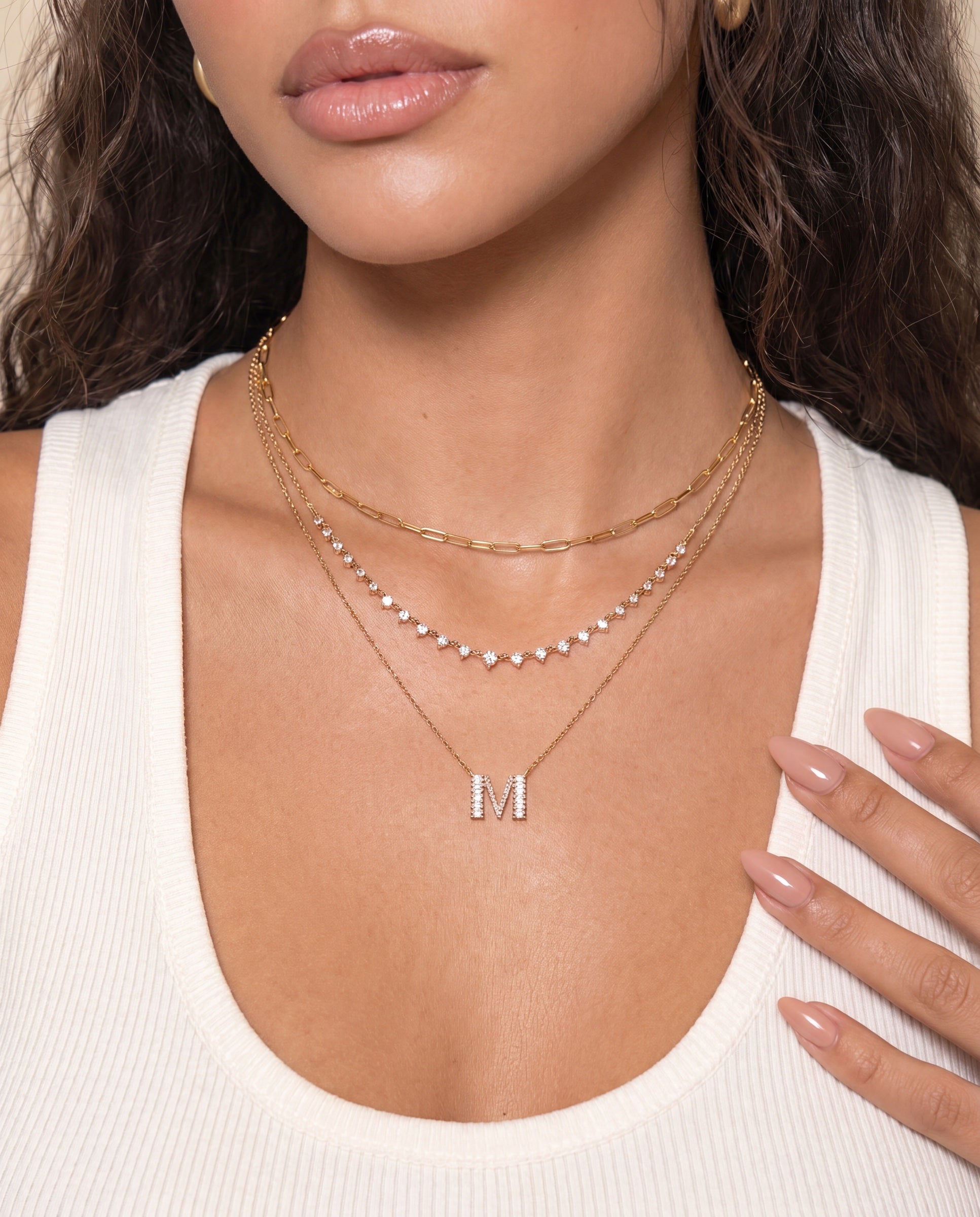 Baguette + Pavé Initial Necklace &mdash; Worn