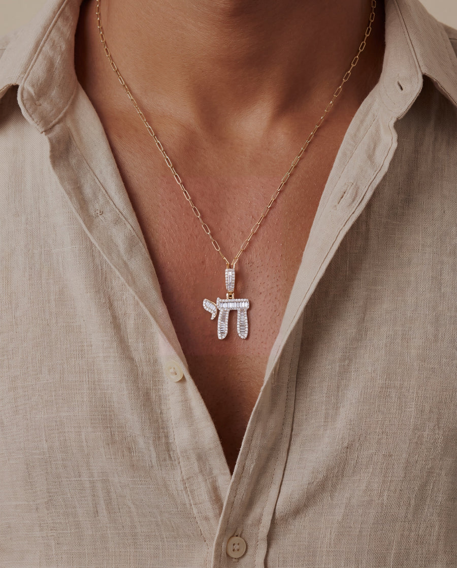 Baguette & Round Diamond Chai Pendant &mdash; view 2
