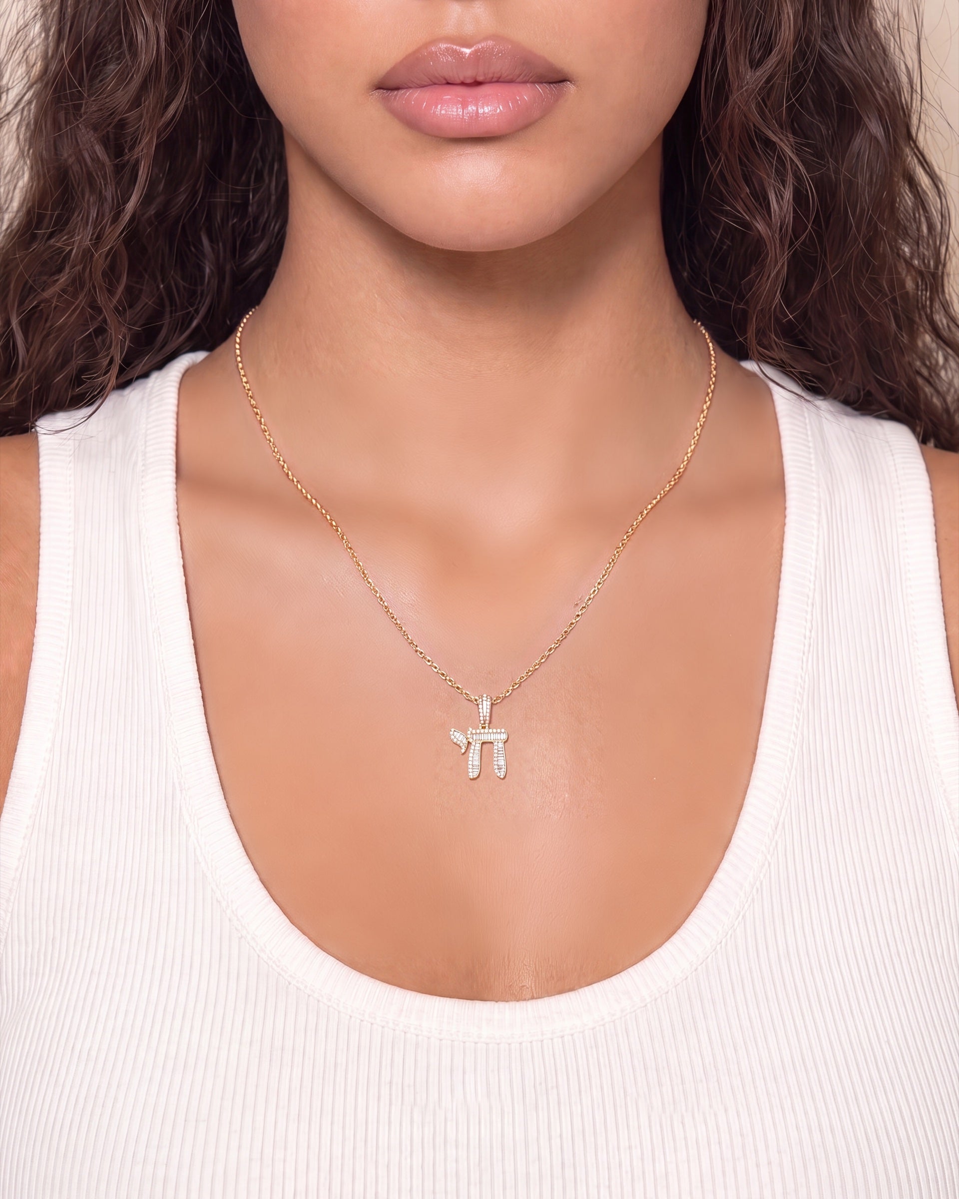 Baguette & Round Diamond Chai Pendant &mdash; Worn