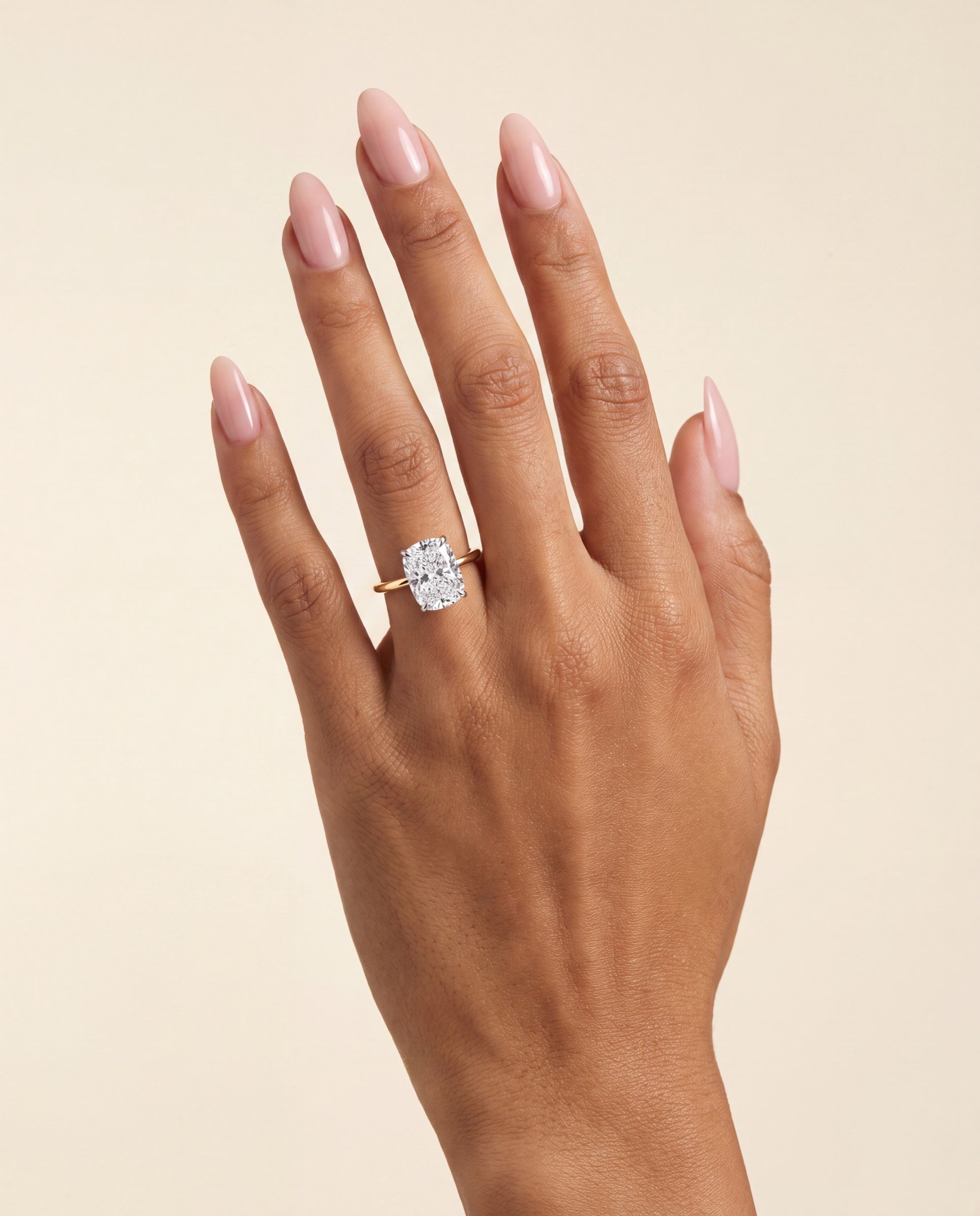 Cushion Solitaire Diamond with Hidden Halo and Extra Thin Band &mdash; Worn