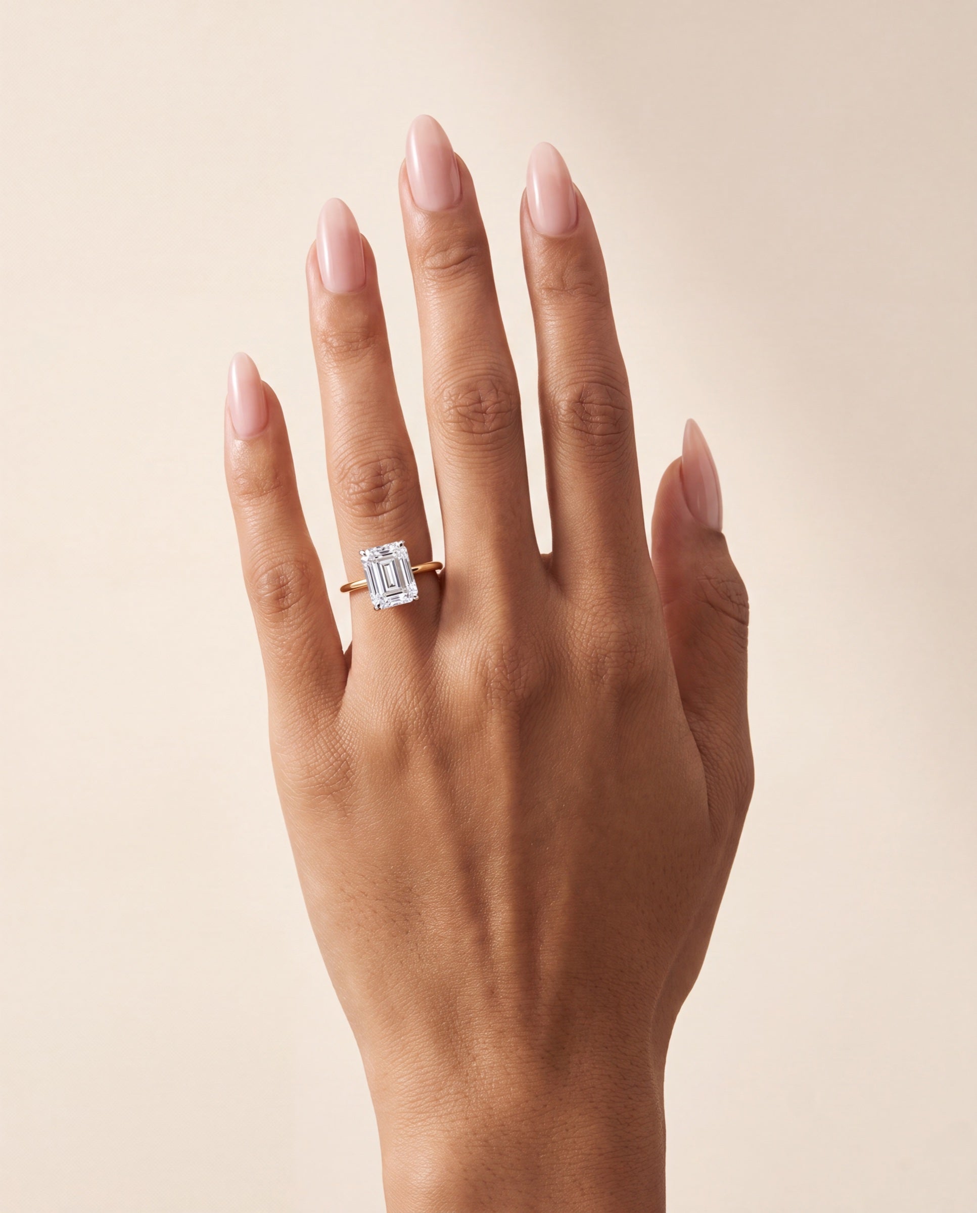 Emerald Solitaire Diamond with Hidden Halo and Extra Thin Band &mdash; Worn