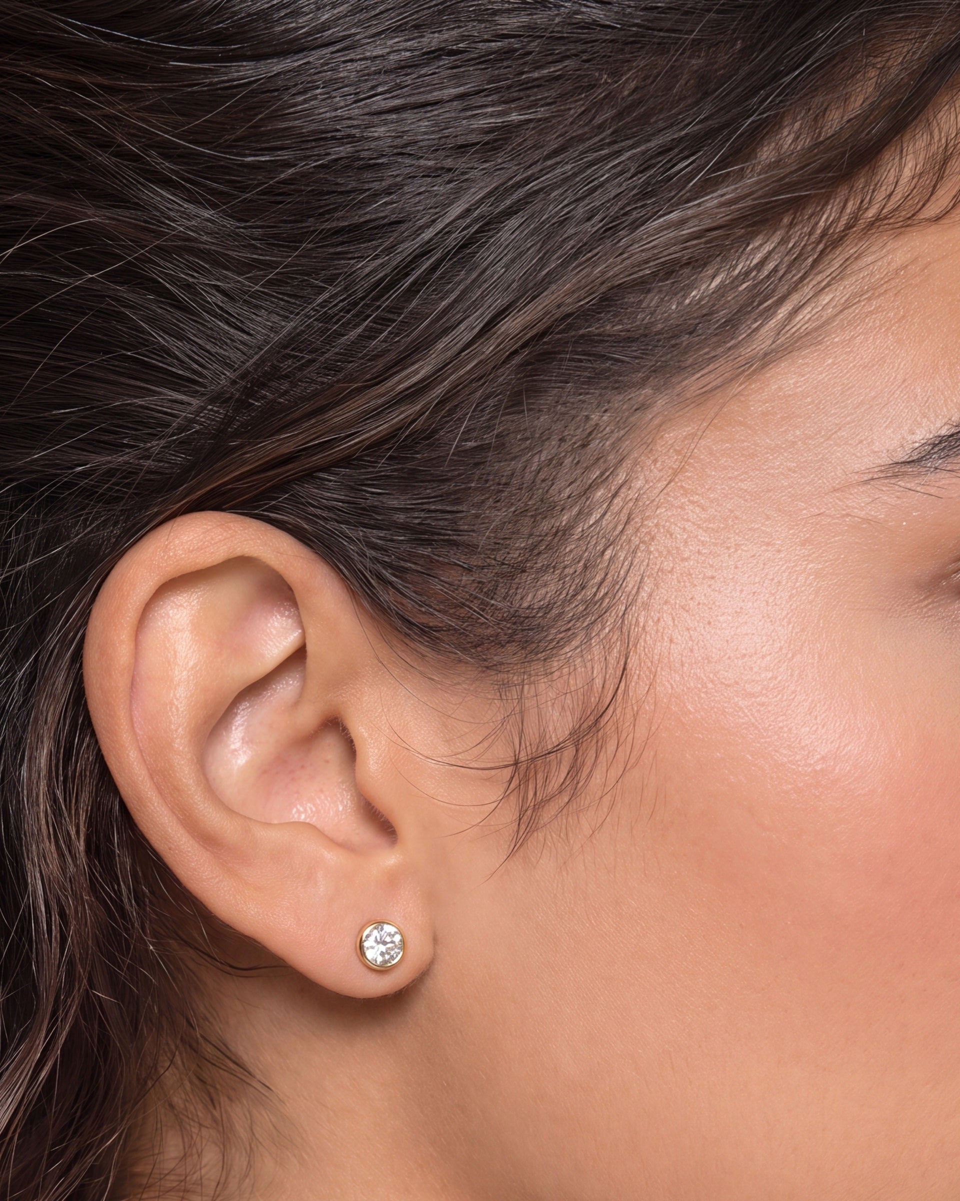 Round Bezel Set Diamond Studs &mdash; Worn