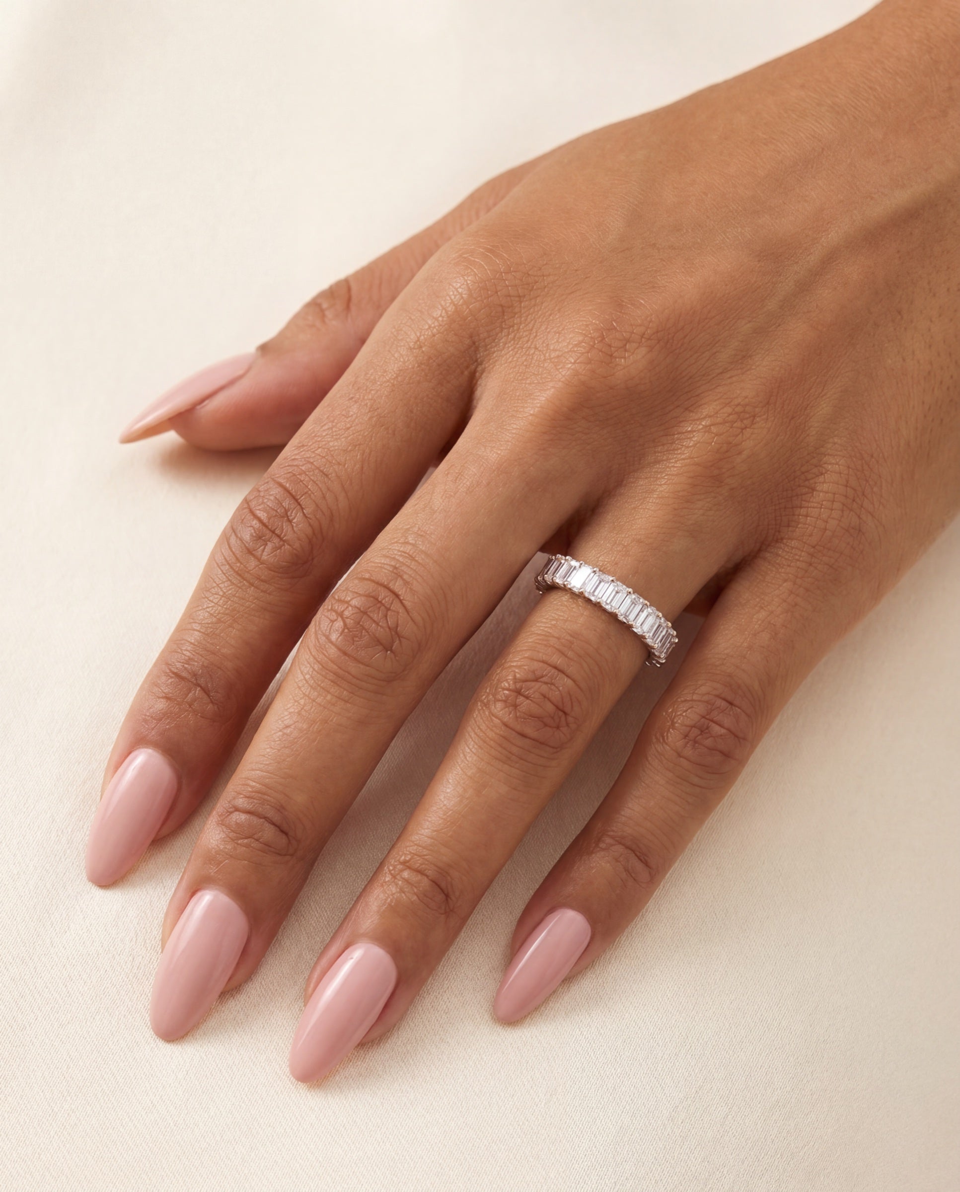Emerald Shared Prong Diamond Eternity Band &mdash; Worn