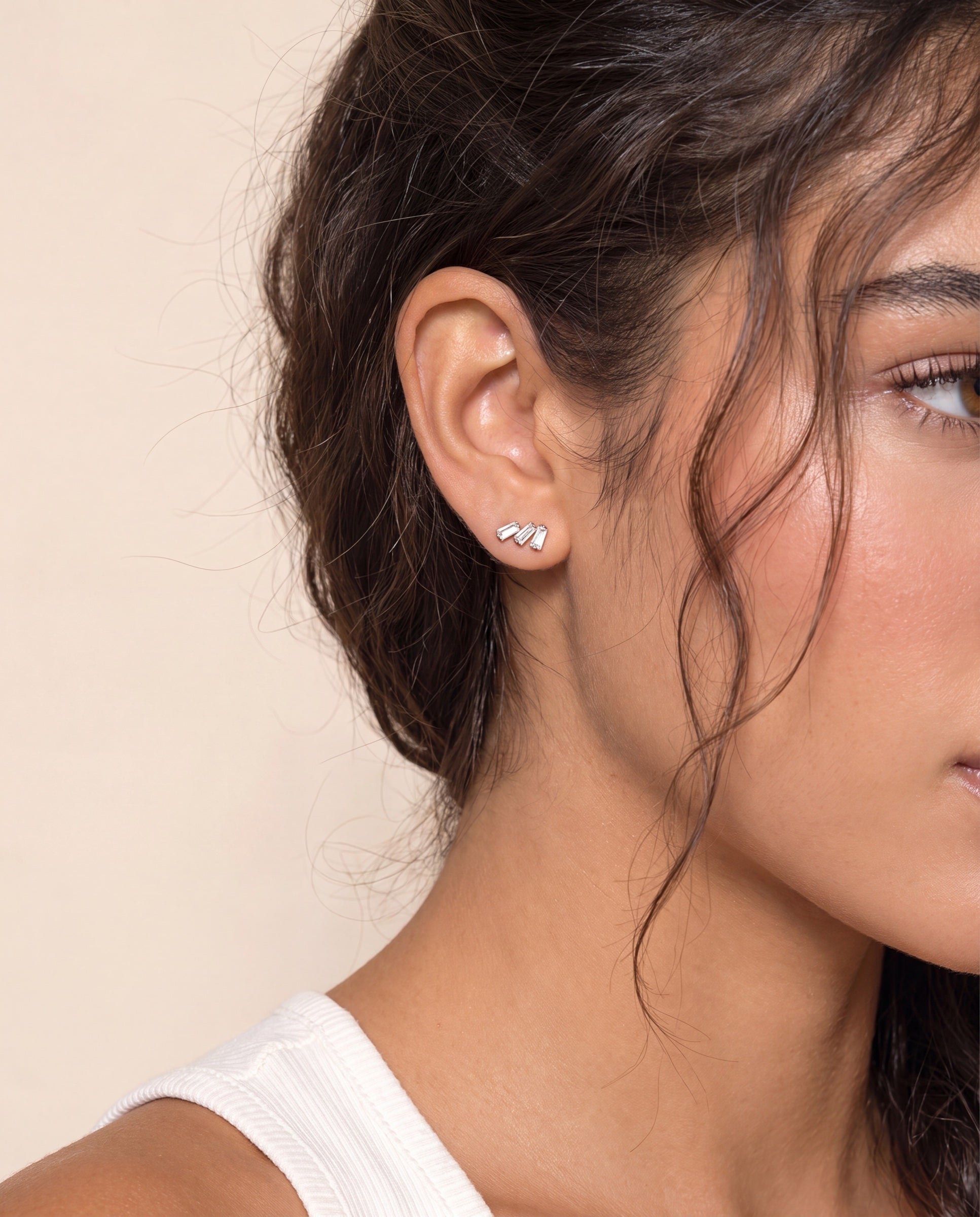 Triple Baguette Diamond Studs &mdash; Worn